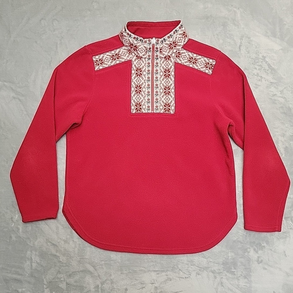 L.L. Bean Quarter Zip Fleece Pullover Women Small Red Fair Isle Nordic Winter